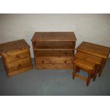 THREE PINE ITEMS TO INCLUDE A NEST OF TABLES, TWO DRAWER CHEST OF DRAWERS AND A TV STAND