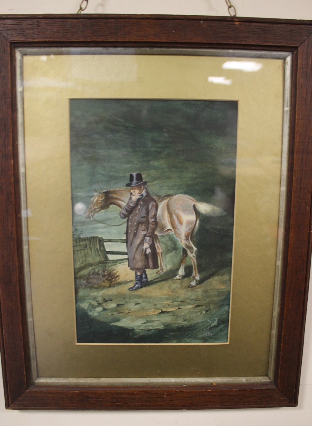 A 19TH CENTURY PAINTING OF A MAN WITH A HORSE, INITIALED H. C. LOWER RIGHT, FRAMED AND GLAZED, 38