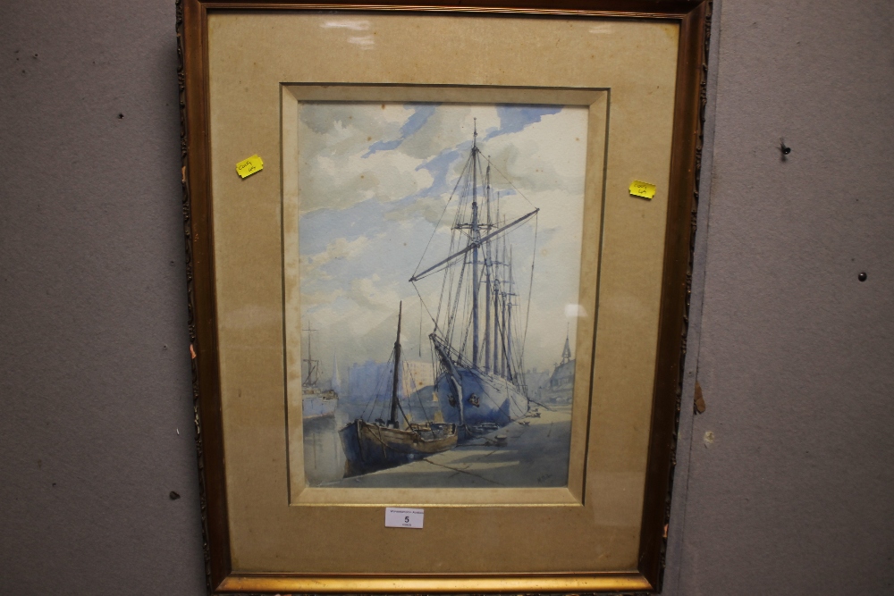 M. PARKER - WATERCOLOUR OF A HARBOUR, WITH SAILING SHIP (SHIP NAMED SAR NORD), SIGNED LOWER RIGHT,