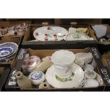 TWO TRAYS OF CERAMICS TO INCLUDE MASONS, CROWN DEVON, COALPORT AND THREE CERAMIC BOTTLES