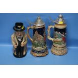 TWO CERAMIC BEER STEINS TOGETHER WITH A ROYAL DOULTON WINSTON CHURCHILL TOBY JUG