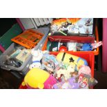 A QUANTITY OF CHILDREN'S TOYS TO INCLUDE SOFT TOYS, MCDONALDS, X-BOX STARTER PACKS ETC.