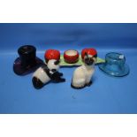 TWO VICTORIAN MINIATURE GLASS HATS, A ROYAL DOULTON SEATED SIAMESE CAT FIGURE, A RUSSIAN LOMONOSOV