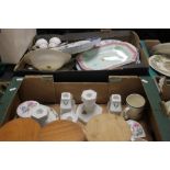 TWO TRAYS OF CERAMICS TO INCLUDE PORTMEIRION LARGE LIDDED POT, CHRISTMAS PLATES, CANDLE HOLDERS