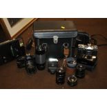 VINTAGE CAMERAS AND LENSES TO INCLUDE MIRANDA, ZENIT-E, KODAK EK160, CARRY CASE ETC.