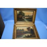 TWO FRAMED OIL PAINTINGS ON BOARD OF RIVER SCENES SIGNATURES INDISTINCT