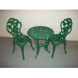 A CAST ALUMINIUM THREE PIECE VINTAGE GARDEN TABLE SET, ONE TABLE AND TWO CHAIRS A/F