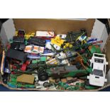 A TRAY OF PLAYWORN DIE CAST VEHICLES BY CRESCENT, LONE STAR, MATCHBOX, CORGI AND MAJORETTE