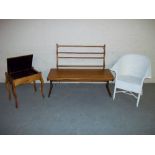 FOUR ITEMS TO INCLUDE AN ERCOL PLATE RACK, A RETRO TEAK COFFEE TABLE, A LOOM CHAIR AND A PIANO STOOL