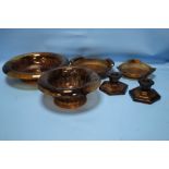 SIX PIECES OF DAVIDSON BROWN CLOUD GLASS TO INCLUDE CANDLE HOLDERS, AND TWO BOWLS WITH STANDS