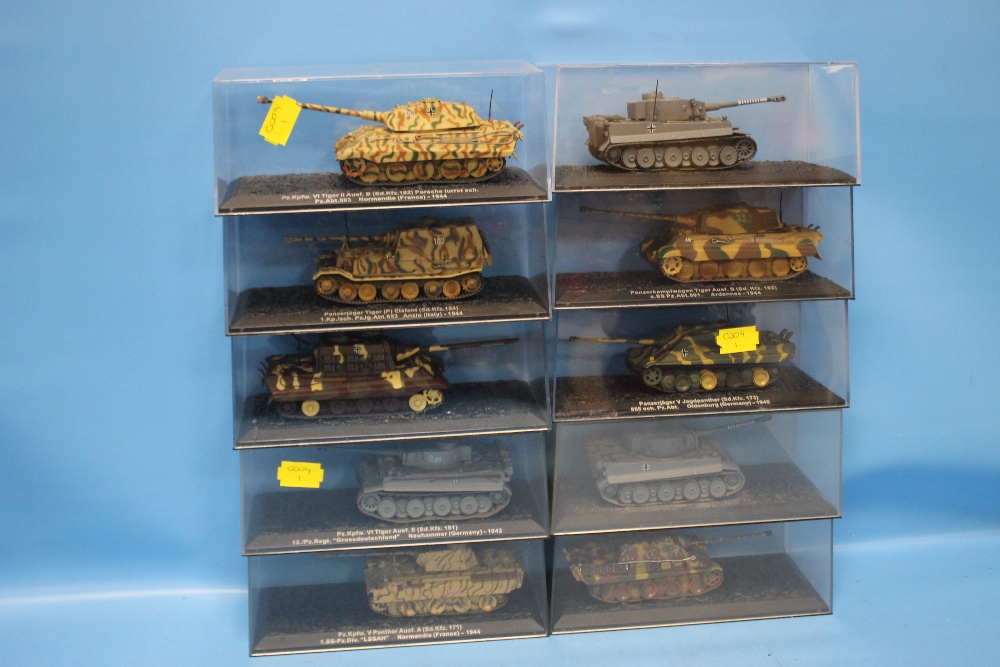 TEN DIE CAST GERMAN WWII TANKS TO INCLUDE JAG D PANTHER, PZ.KPFW VI TIGER, PANZER-JAGER, TIGER II