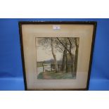 JOHN PARKER R. W. S. WATERCOLOUR OF TREES BY A RIVER, FRAMED AND GLAZED, 43 X 46 CM