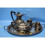 A HALLMARKED SILVER TEA SET ON TRAY COMPRISING TEAPOT, HOT WATER JUG, MILK AND SUGAR