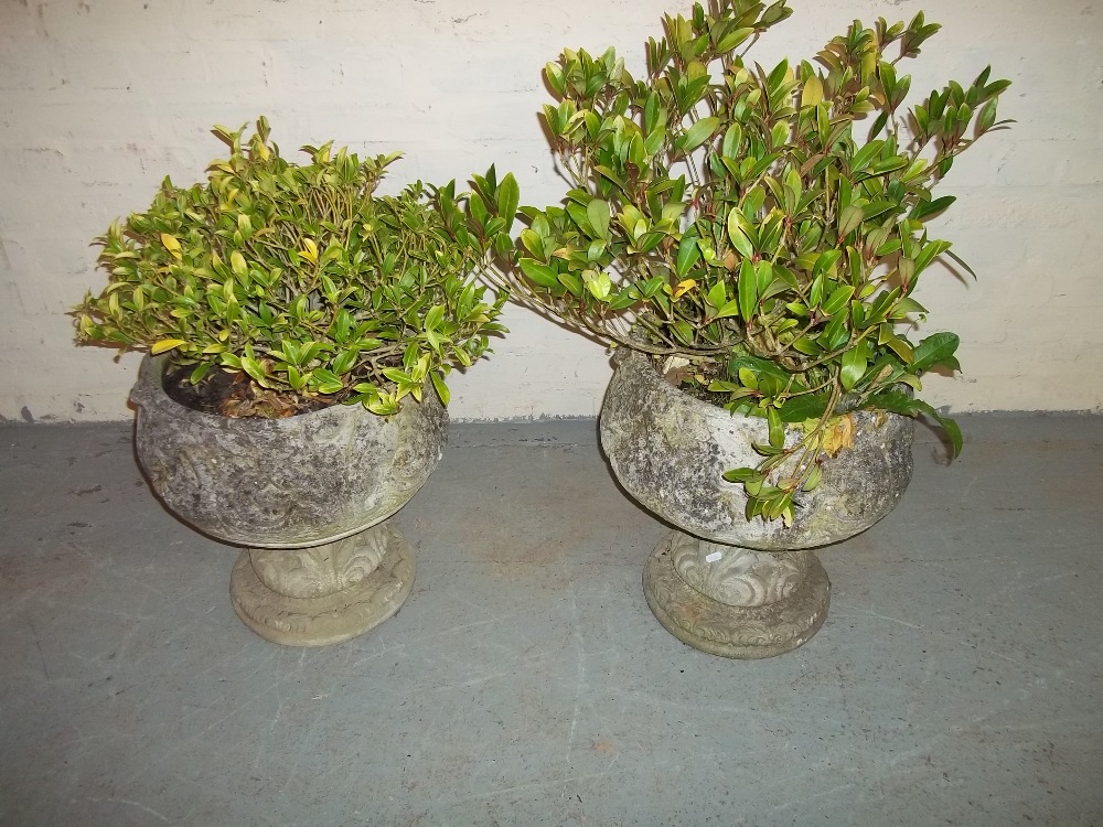 TWO CONCRETE PLANTERS WITH BASES