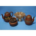 TWO TERRACOTTA TEAPOTS, ONE A/F AND A SPICE JAR TOGETHER WITH A CARNIVAL GLASS BOWL