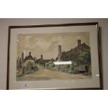 THREE FRAMED WATERCOLOURS, TWO DEPICTING FARMYARD SCENES, THE OTHER DEPICTING COTTAGES
