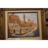 AN OIL ON CANVAS STREET VIEW SIGNED LOWER RIGHT JAMES HORNE, APPROX 44 X 39 CM