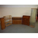 FIVE ITEMS TO INCLUDE A YEW WOOD BUREAU, A PARKER KNOLL WIDE LOW BOOKCASE, A FOLDING BOOKCASE ETC.