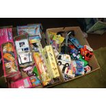 TWO TRAYS OF CHILDREN'S TOYS AND GAMES TO INCLUDE BARBIE, TWEENIES ETC.