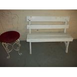 A SMALL GARDEN BENCH, W 97 cm H 75 cm, AND A WROUGHT IRON CHAIR