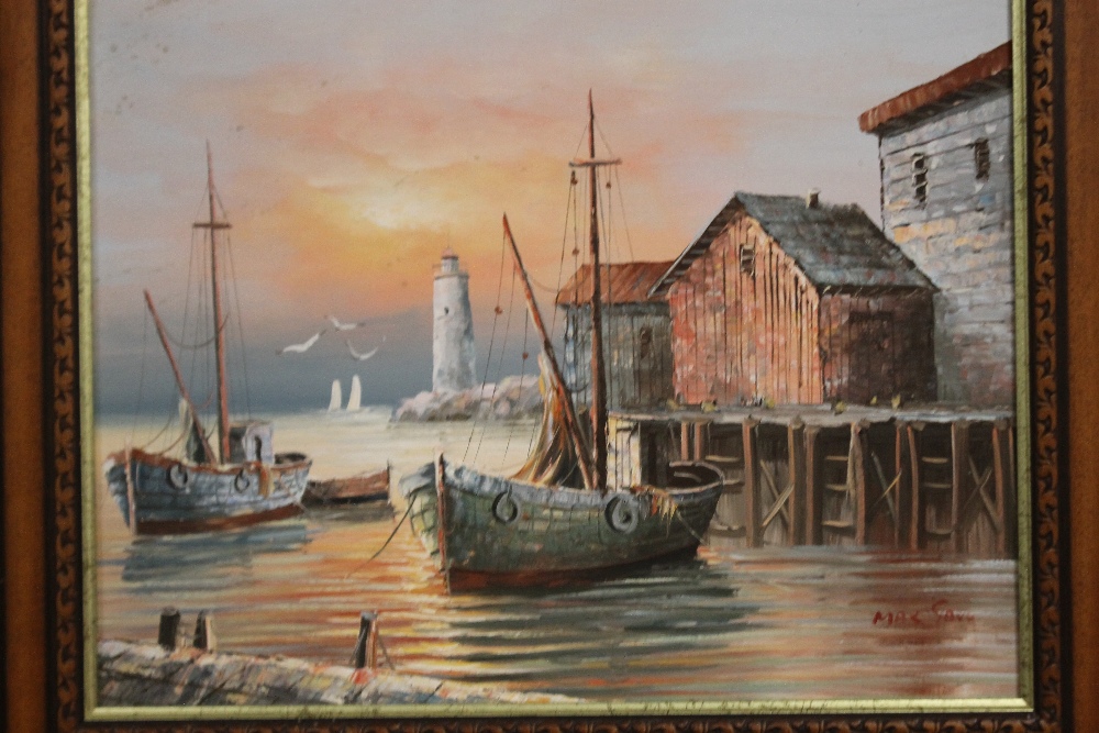 MAX SAVY, A FRAMED OIL ON CANVAS OF A HARBOUR SCENE, 63 X 52 CM - Image 2 of 3