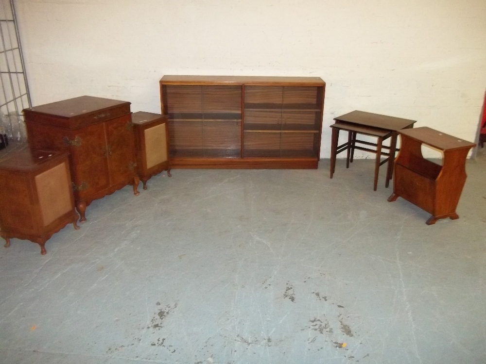 SIX ITEMS TO INCLUDE A GLAZED TEAK BOOKCASE, A NEST OF TABLES, HI-FI CABINET AND SPEAKERS ETC.