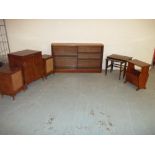 SIX ITEMS TO INCLUDE A GLAZED TEAK BOOKCASE, A NEST OF TABLES, HI-FI CABINET AND SPEAKERS ETC.