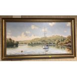 A FRAMED OIL ON CANVAS OF A LAKE SCENE WITH VARIOUS SAIL BOATS SIGNED NICHOLAS LEWIS