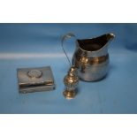A HALLMARKED SILVER JUG, WHITE METAL CASE AND A HALLMARKED SILVER PEPPERETTE