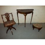 THREE ITEMS TO INCLUDE A HALF MOON TABLE, AN ANTIQUE SWIVEL CHAIR AND A STOOL