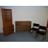 A SELECTION OF FOUR ITEMS TO INCLUDE A TEAK RETRO CORNER CABINET, AND TWO CHAIRS MADE BY REMPLOY