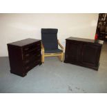 THREE ITEMS - A CHEST OF DRAWERS, A LOW TWO DOOR UNIT AND AN IKEA POANG CHAIR