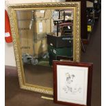 A GILT FRAMED MIRROR 100 X 72 CM TOGETHER WITH A FRAMED PICTURE OF A DOG (2)