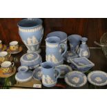 A COLLECTION OF WEDGWOOD BLUE AND WHITE JASPERWARE