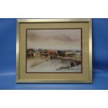 A FRAMED AND GLAZED PRINT OF A RURAL SCENE SIGNED HUGH BRANDON-COX, 32.5 X 27 CM