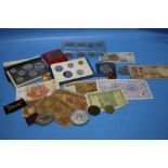 A BOX OF COINS, BADGES, BANKNOTES ETC.
