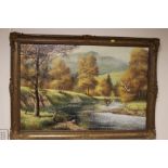 A FRAMED OIL ON CANVAS RIVERSIDE SCENE SIGNED NICHOLAS LEWIS