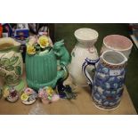 A BOX OF POTTERY JUGS, POSIES ETC.