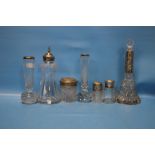 A COLLECTION OF MAINLY SILVER TOPPED ITEMS TO INCLUDE VASES, DECANTER ETC.
