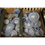 TWO TRAYS OF MAINLY BLUE & WHITE WEDGWOOD JASPERWARE TO INCLUDE PLAYING CARD EXAMPLES