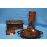 FOUR PIECES OF TREEN TO INCLUDE A SMALL LIDDED BOX, BOWL, TRINKET BOX AND A GOBLET
