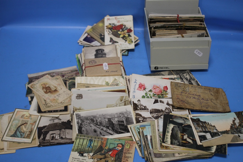 A TWO BOXES OF ASSORTED POSTCARDS INCLUDING WW1 ERA