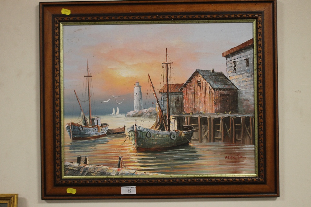 MAX SAVY, A FRAMED OIL ON CANVAS OF A HARBOUR SCENE, 63 X 52 CM