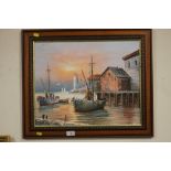 MAX SAVY, A FRAMED OIL ON CANVAS OF A HARBOUR SCENE, 63 X 52 CM