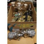 A BOX OF HORSE BRASSES ETC TOGETHER WITH TWO CERAMIC ELEPHANTS