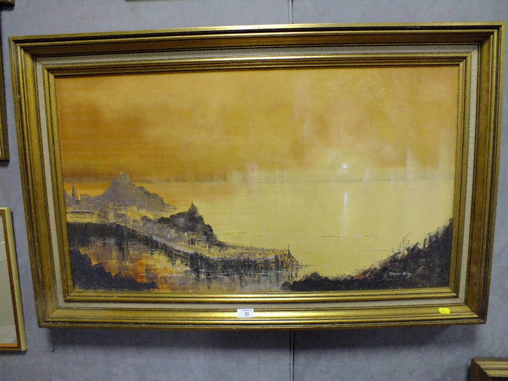 A LARGE GILT FRAMED IMPRESSIONIST OIL ON CANVAS DEPICTING A SEASCAPE AT SUNRISE SIGNED MARGARET