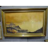 A LARGE GILT FRAMED IMPRESSIONIST OIL ON CANVAS DEPICTING A SEASCAPE AT SUNRISE SIGNED MARGARET