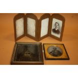 AN ANTIQUE FOLDING LEATHER PHOTO FRAME' MOURNING PHOTO