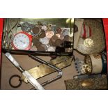 A BOX OF COLLECTABLES TO INC A RUSSIAN MILITARY MEDAL' COINS ETC