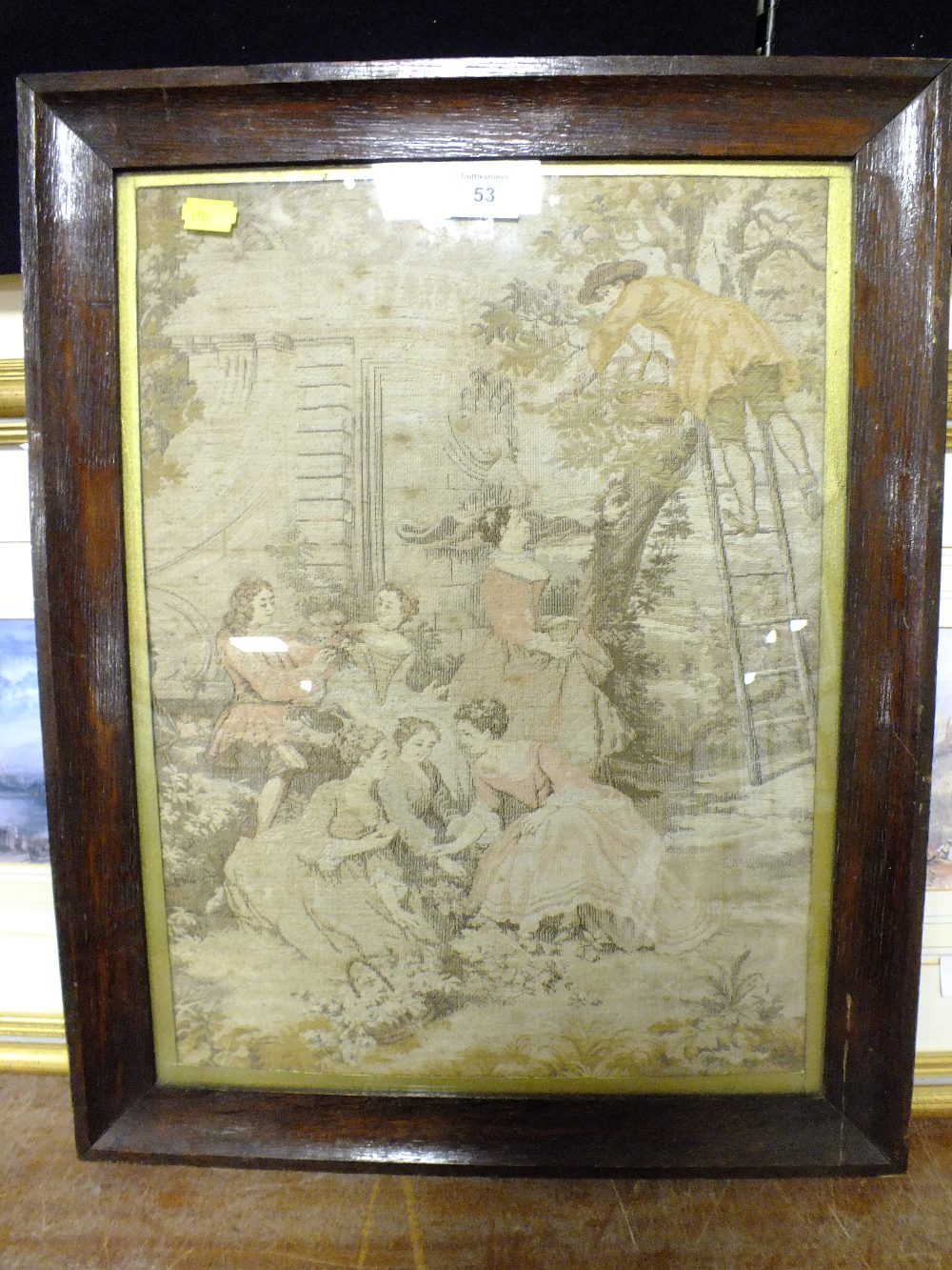 AN OAK FRAMED AND GLAZED 19TH CENTURY TAPESTRY